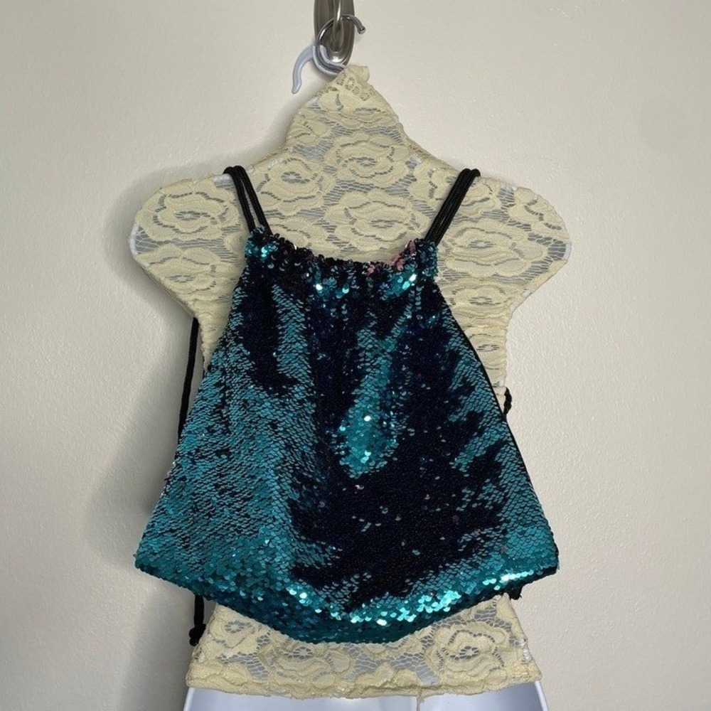 Sequin Drawstring Backpack Women OS Teal Navy Cinch Bag